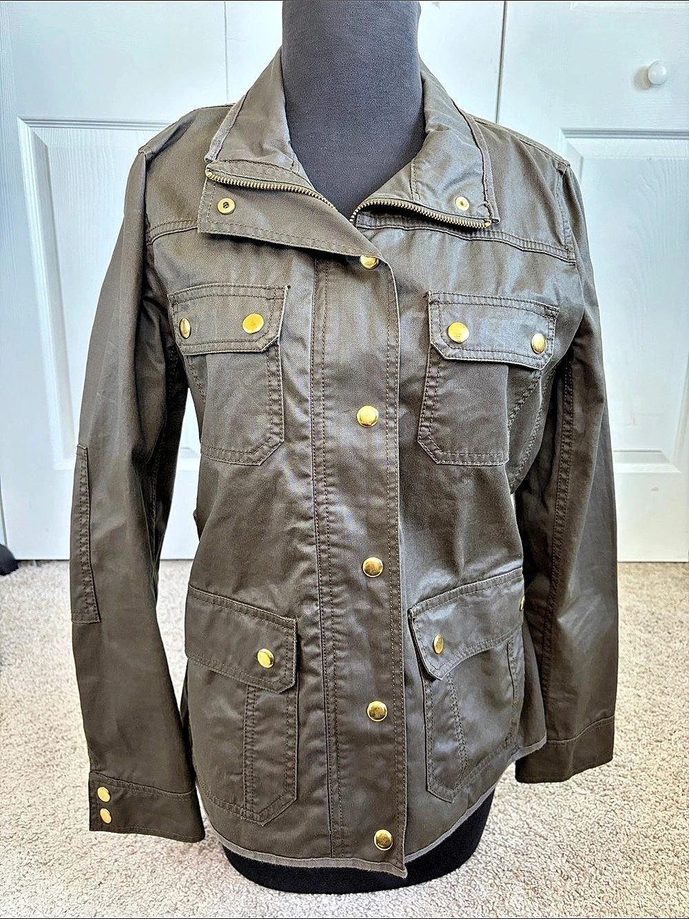 J.Crew Downtown Field Jacket Utility Chore Dark Olive Green Coated Cotton Small